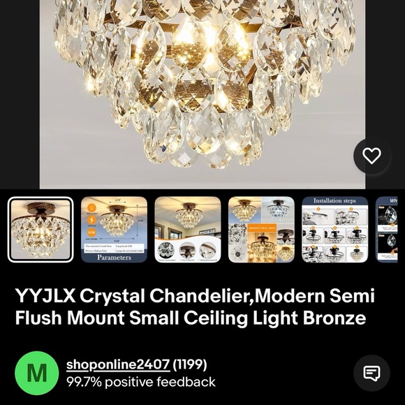(NEW) 9”x10” Bronze Crystal Flush Mount Light/ Hallway Light/ Small room - Picture 10 of 10